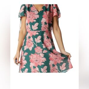 J Crew Mercantile Womens Floral Dress Green Pink Tied Sleeves V Neck size 10
